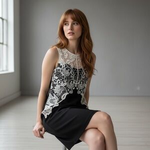 Frank Lyman Crochet Overly Sheath Dress Off White Black Size L